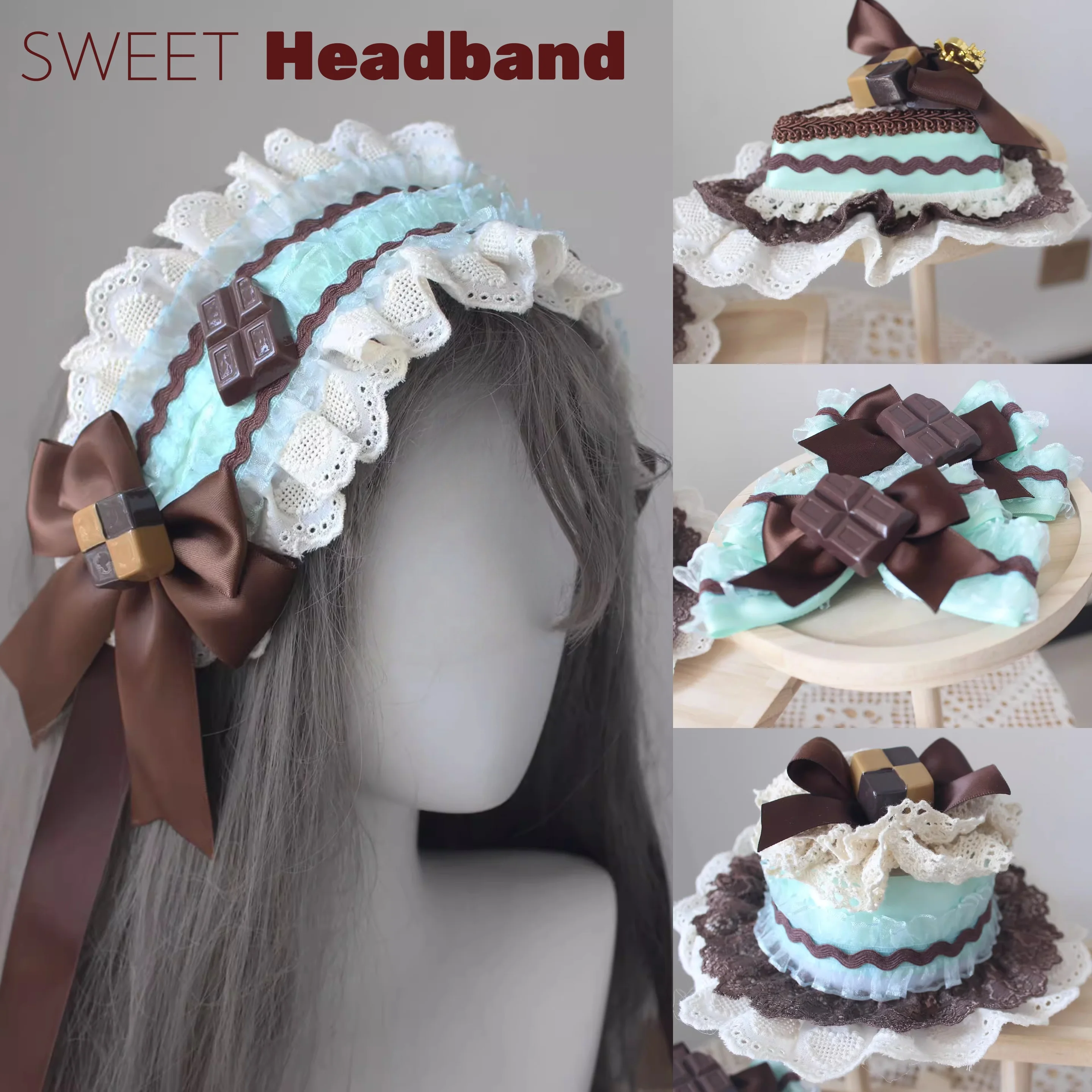 

New Original Handmade Lolita Small Cake Hat Mint Chocolate Lace Bow Headband Lolita KC Sweet Top Hat Accessories