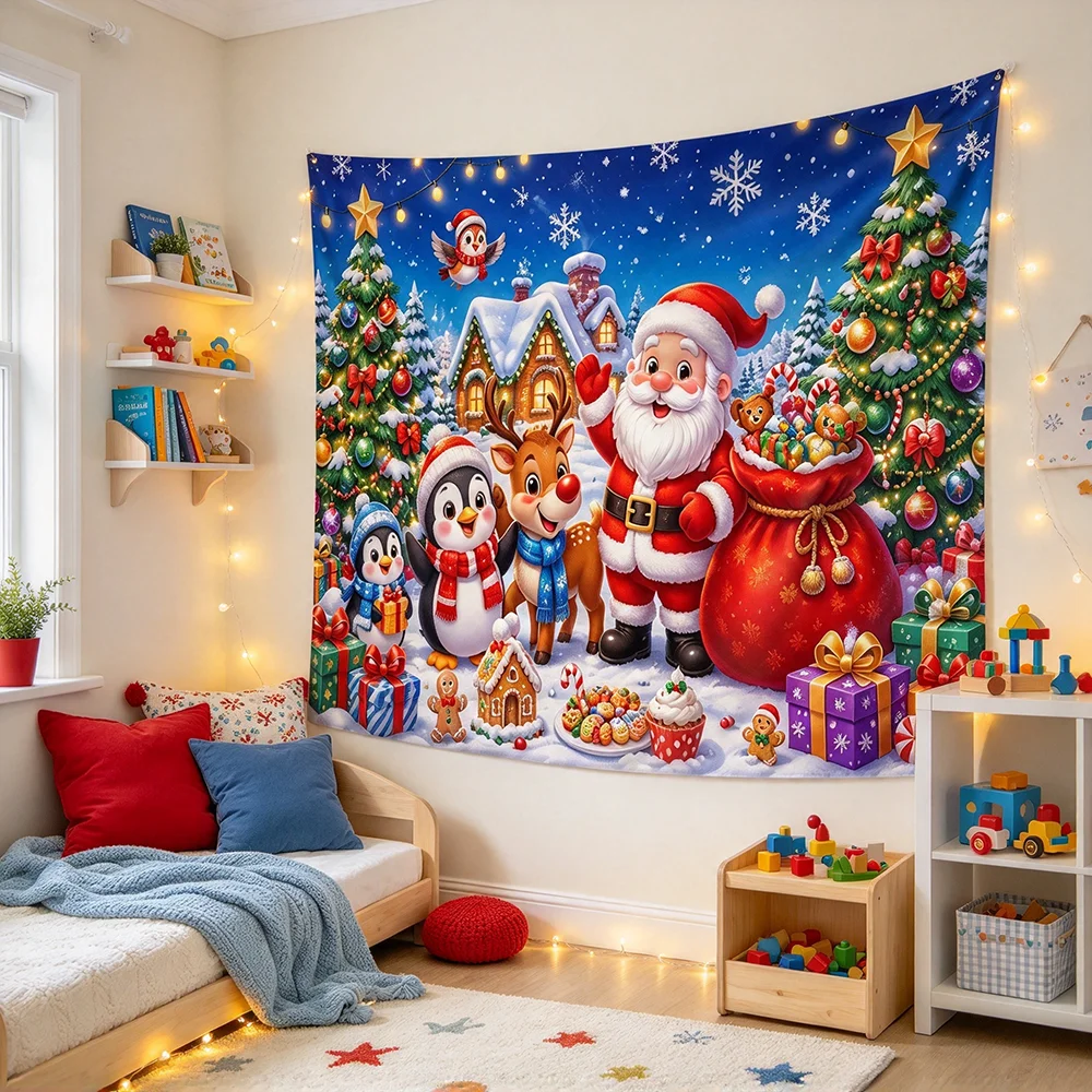 1PCS Tapestry, Cartoon Santa Penguin Reindeer Gingerbread Snowman Scene, Holiday Party Decoration for Home Studio Wall