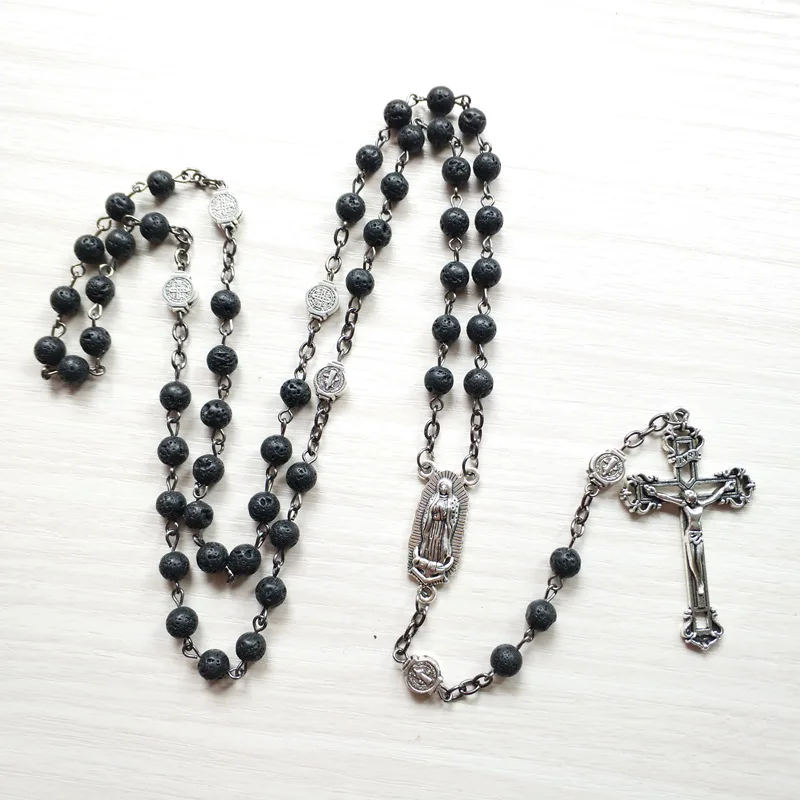 Black Volcanic Stone Prayer Bead Chain Catholic Crucifix Cross Pendant Rosary Necklace Our Lady Medal Saint Benedict Jewelry