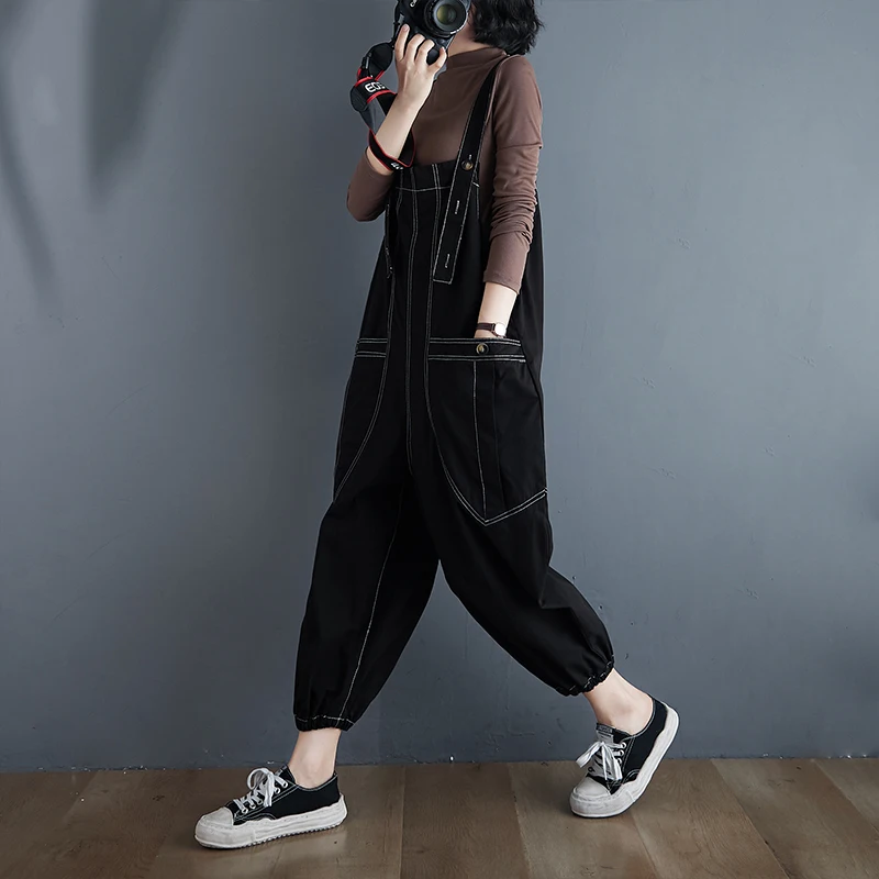 #2301 Yellow Black Pencil Harem Overalls For Women Loose Big Pockets Jumpsuits Female Casual Rompers Womens Jumpsuit Spring 2023