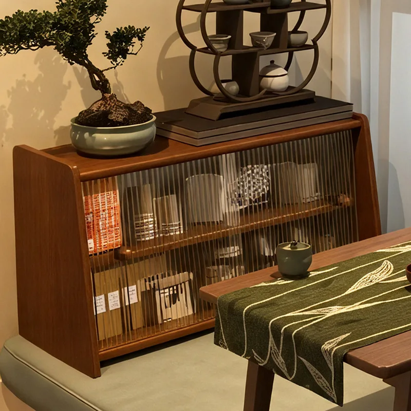 Solid wood bay window storage cabinet Japanese-style locker Middle antique shelf Desktop dustproof tea cup Tea set Small low