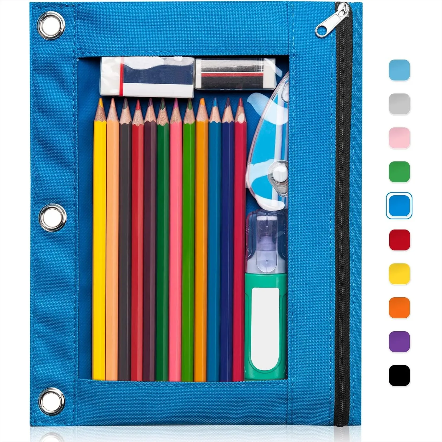 Pencil Pouch for 3 Ring Binder, Clear Window Pencil Case with Sturdy Oxford Fabric and Smooth Zipper