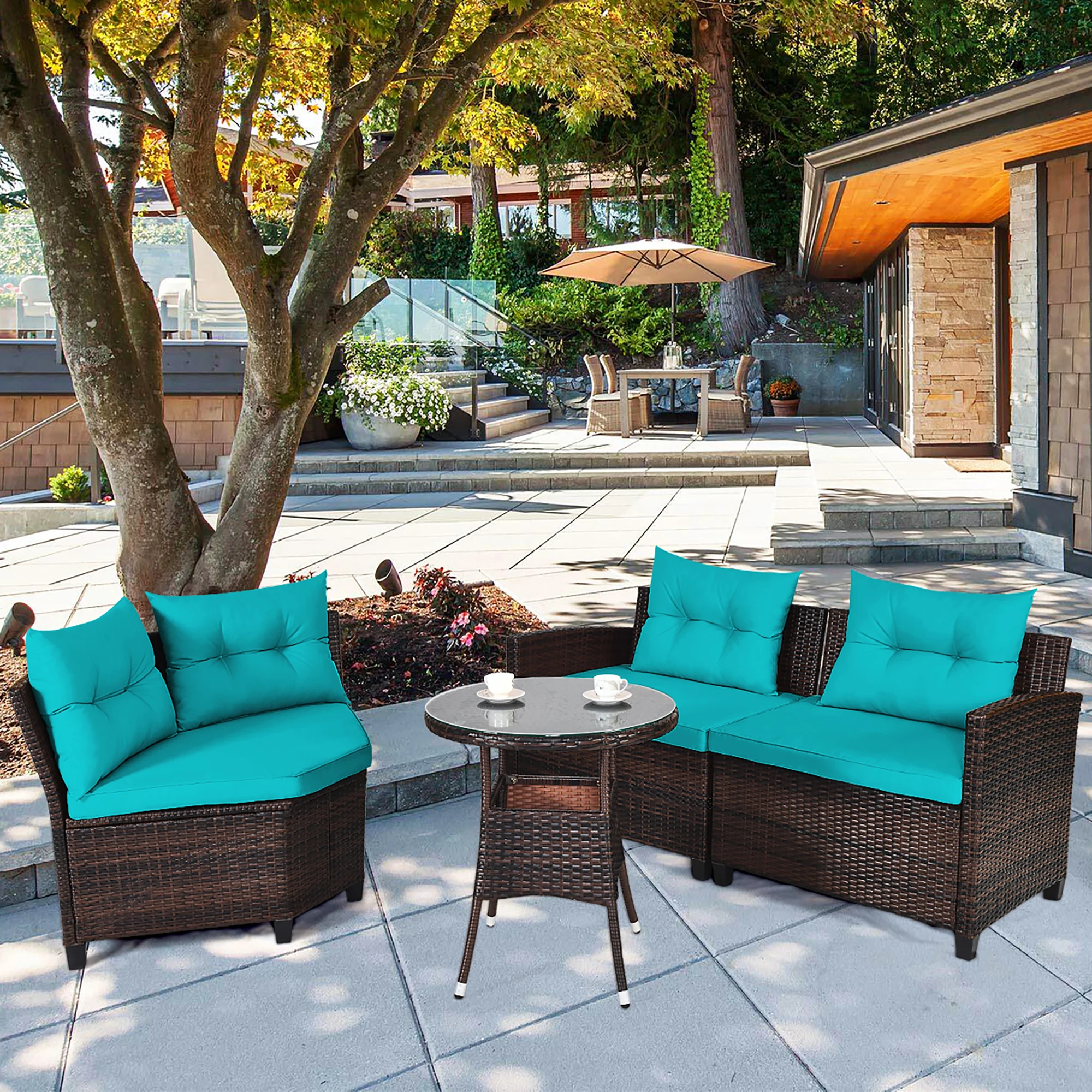 

4PCS Outdoor Patio Rattan Furniture Set Cushioned Sofa Table Turquoise