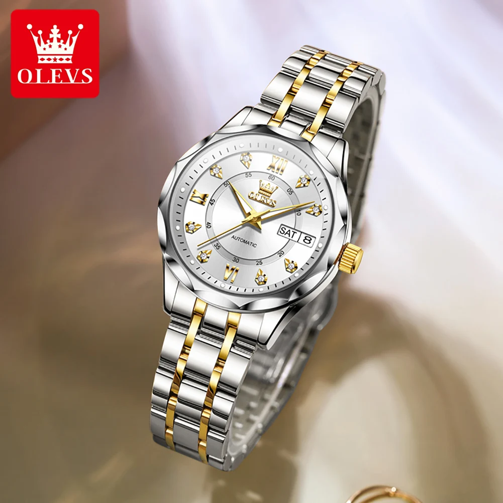 OLEVS 6727 Ladies Watch Automatic Mechanical Watch Stainless Steel Waterproof Calendar Week Watches For Women Luxury Elegant New