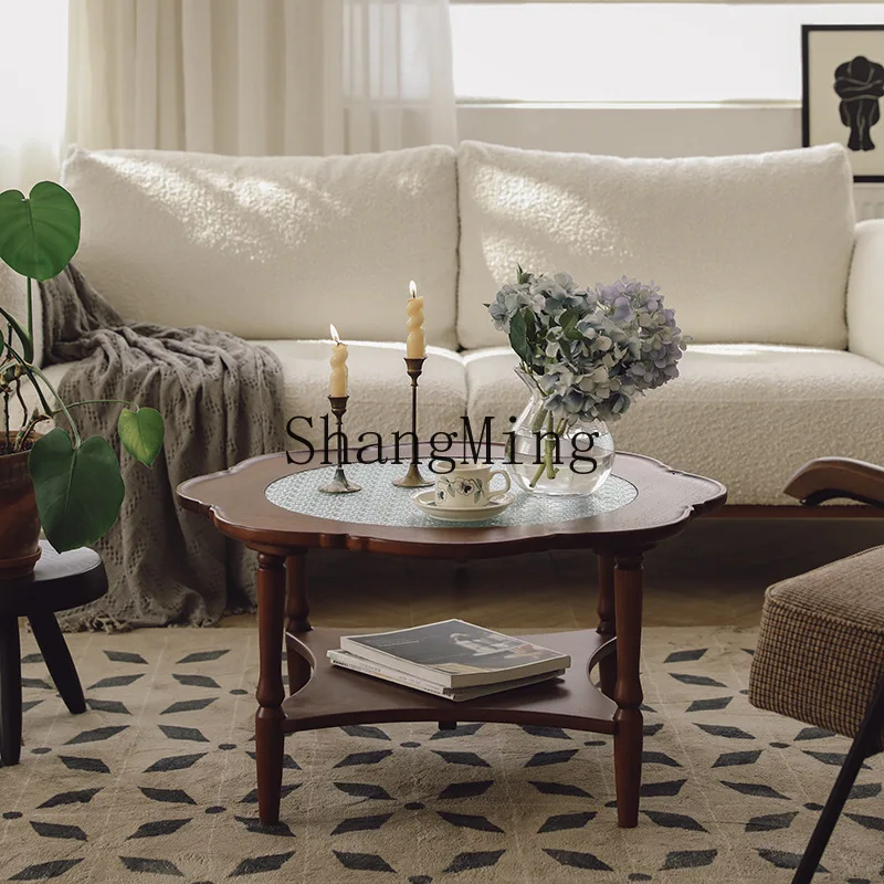 

SM small apartment double-layer round table combination living room Changhong glass small round table solid wood