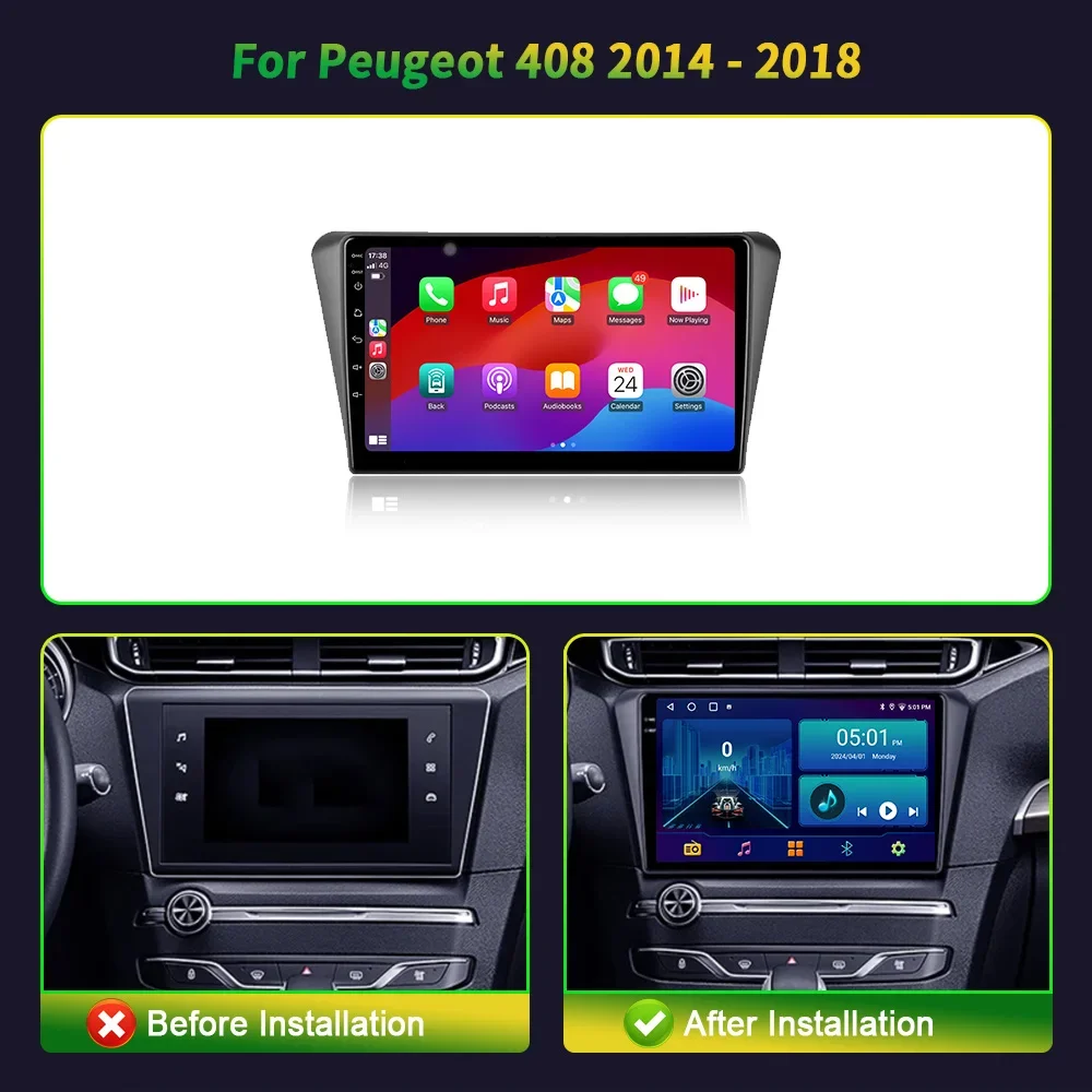 Android 14 Carplay Auto Car Radio For PEUGEOT 408 2014-2018 5GWifi+4G Multimedia Video Player GPS Stereo Head Unit No 2din DVD