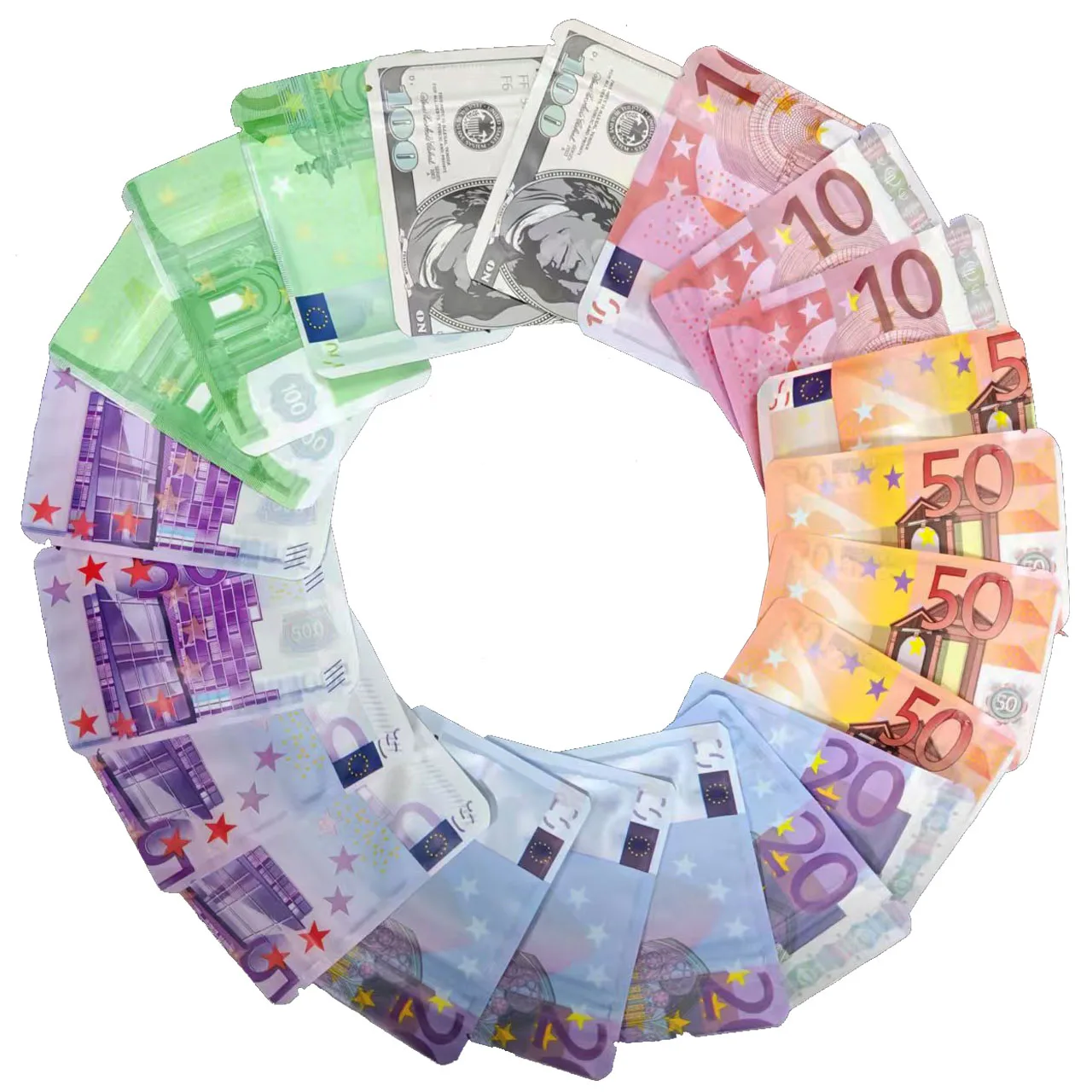 100pcs Mylar Bags Reusable Sealed Bags Of Various Sizes Euro Banknotes Pattern Self-Sealing Bags 2.75x3.93in Zip Lock Pouches