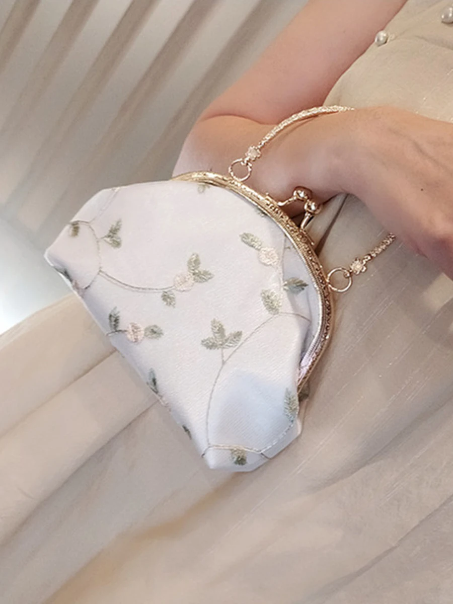 Floral Embroidery Event Clutch Bag Kiss Lock Purse Metal Chain Handbag Bridesmaid Wedding Cocktail Party Clutch