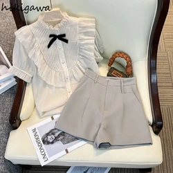 2024 Women Clothing Summer Two Piece Sets Short Sleeve Folds Ruffles Blouse High Waist Tunic Shorts Outfits Fashion Korean Suit