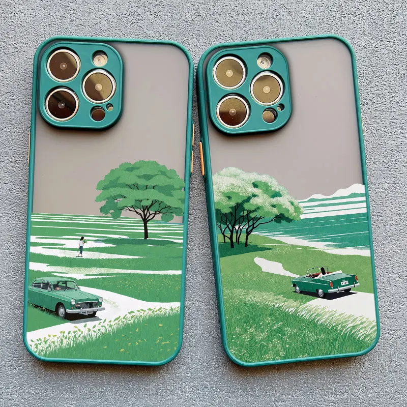 

Cartoon Green Field Scenery Girl Painting Phone Case For Iphone 16 15 14 Pro Max Plus 13 12 11 Mini Pro Max XR XS X SE2 Covers