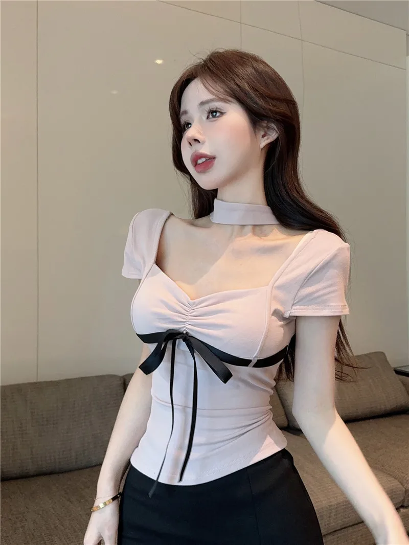 

Slimming Sweet Knot Neck Design Women's T-shirt Stylish Beautiful Square Collar Summer Fashionable Slim Fit Top