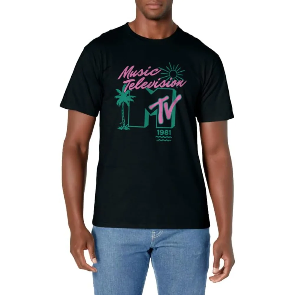 MTV 음악 텔레비전 1981 여름 타임 클래식 로고 코튼 티셔츠, MTV 야자수 장면 컬러 로고 그래픽 티셔츠