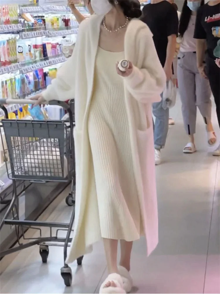 Thickened Faux Fur Knitted Open Cardigan Coat Women\'s Gentle Lazy Style Knee-Length Long Hair Coat Autumn Winter Outerwear