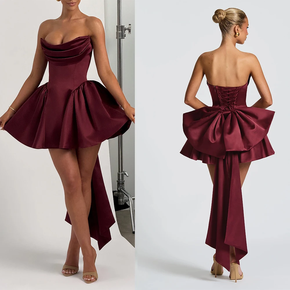 

Bowith Burgundy Silk Satin Prom Dresses Short Corset Strapless Party Dresses Customized Evening Party Gown Night Club Dress