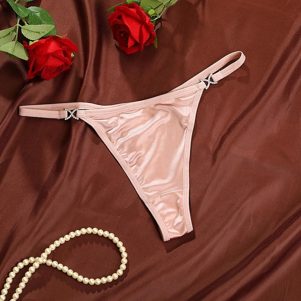 Sweet Cotton Crotch Glossy Satin Thongs Traceless Low Waist Bikini Briefs Underpants Solid Color T-back Panties Lingerie