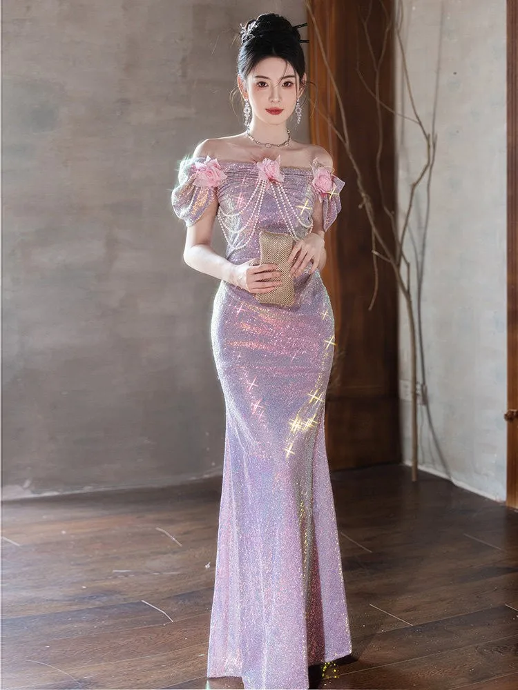 A one-shoulder dress with light luxury and niche feel high-end heavy-duty toasting sequined