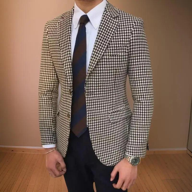 Houndstooth Suit Jacket for Men Wedding Tuxedo Blazer 1 Piece American Style Notch Style Check Plaid Fashion Suit 2024