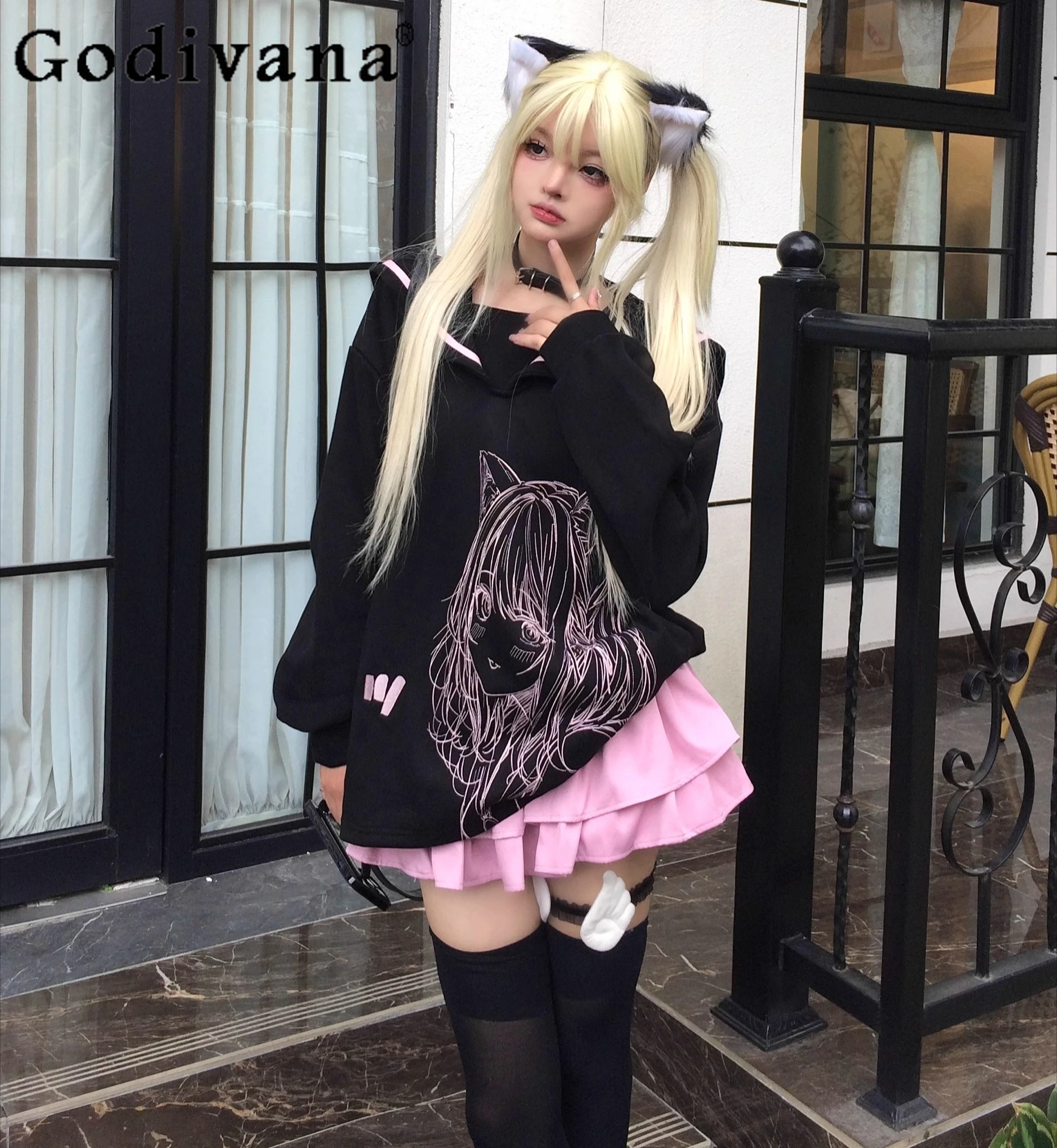 Original Japanese Anime Print Mine Black Sweatshirts Female College Loose Sailor Collar Student Kawaii Hoodies Autumn Y2k Skirts