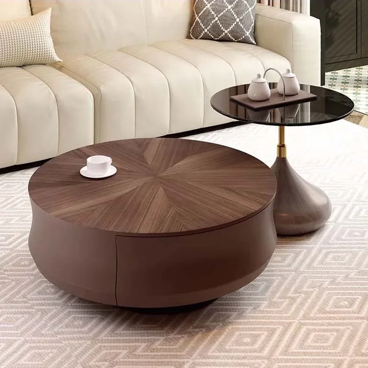 

Premium light luxury solid wood home round coffee table combination minimalist small apartment retro minimalist