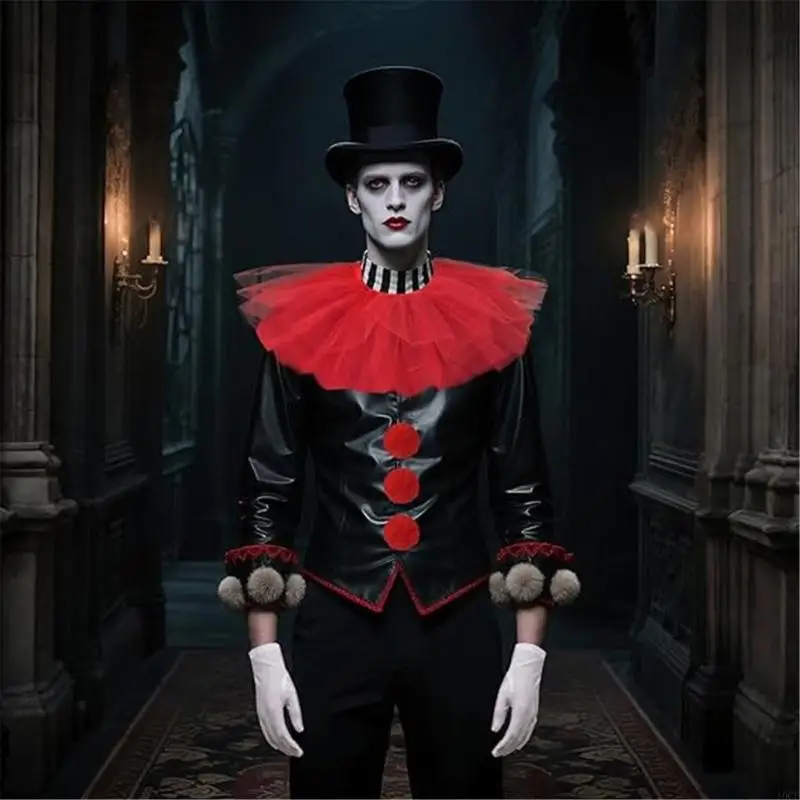 5Pcs/Set Halloween Clown Costumes Accessories Mesh Ruff Collar White Gloves Kits Cosplay Party Masquerade Stage Performance Prop