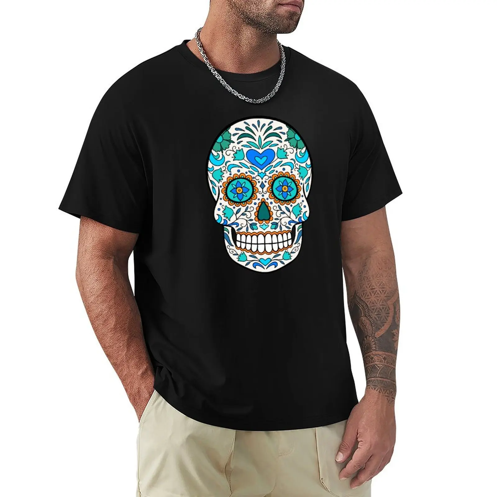 

Blue Sugar Skull T-Shirt Anti-Fade Casual Tee Shirt