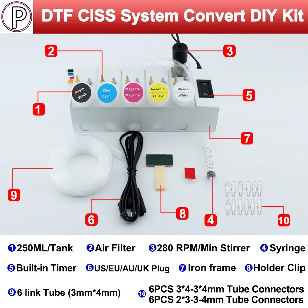 

ET-8550 L18050 XP15000 250ML DTF CISS Ink System Convert DIY Kit White Ink Tank Shake with Built-in Timer For Epson L8050 18100