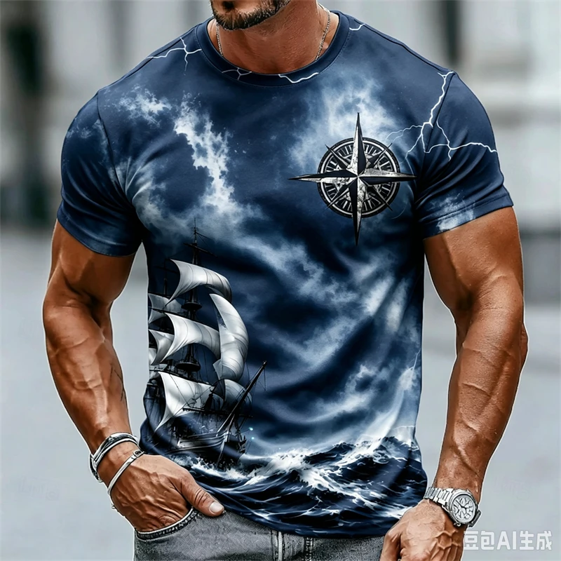 Retro Ocean Navigation Ship 3D Print Mens T‑Shirt O‑Neck Short Sleeve Breathable Casual Streetwear Summer Tops Male Daily Outfit