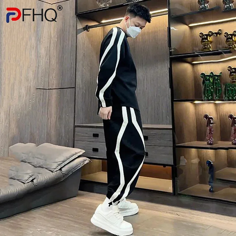 PFHQ Autumn New Striped Splicing Design Casual Men's Sports Suit  Trendy Versatile Loose Hoodie Pants Two-piece Sets 21Z7228