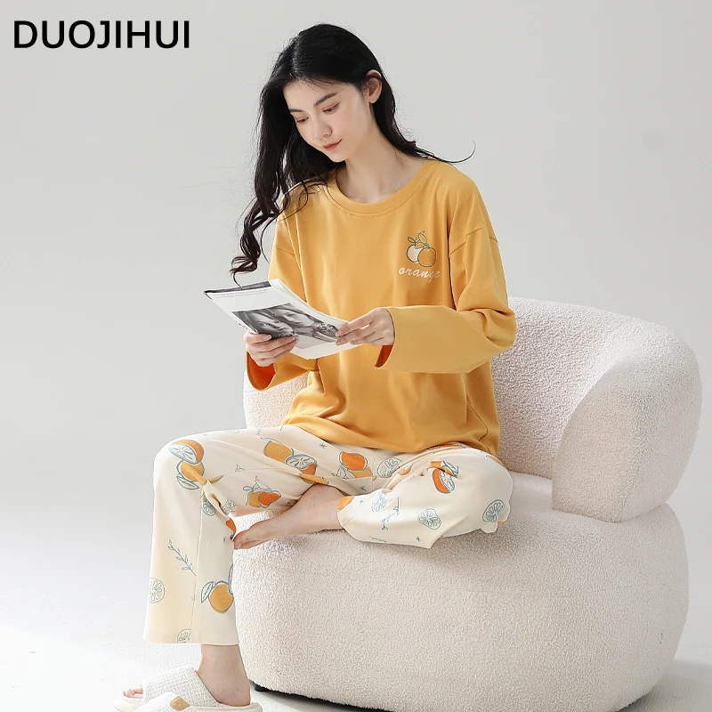 DUOJIHUI-Pijama informal de Color contrastante para mujer, Conjunto de pijama con estampado elegante, Jersey holgado, pantalón Simple, moda femenina, otoño