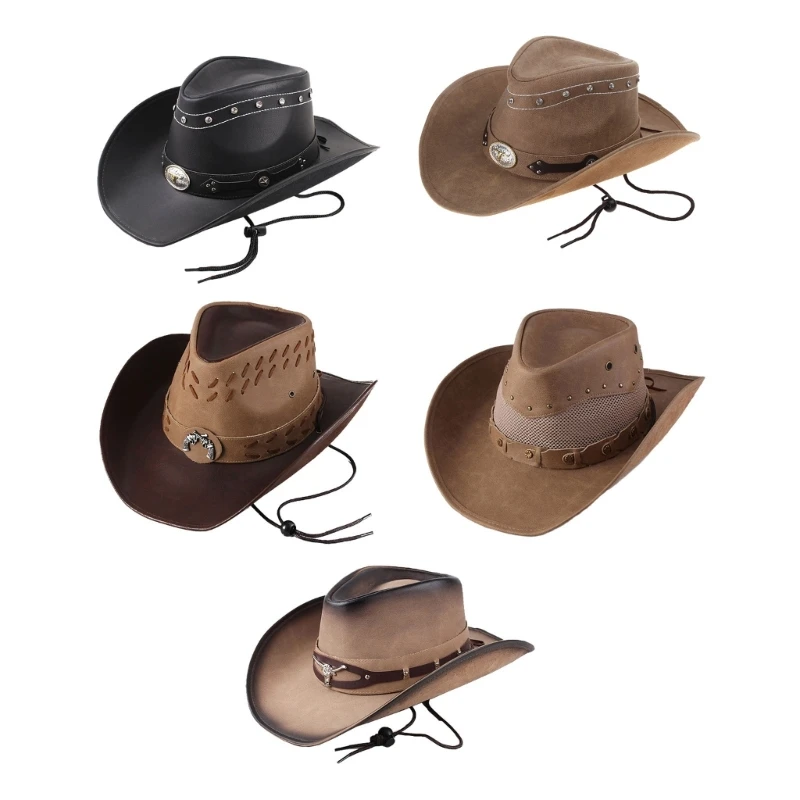 

Lightweight Ethnic Faux Leather Hat for Women Men Breathable Cowboy with Metal Ox Head Dropshipping