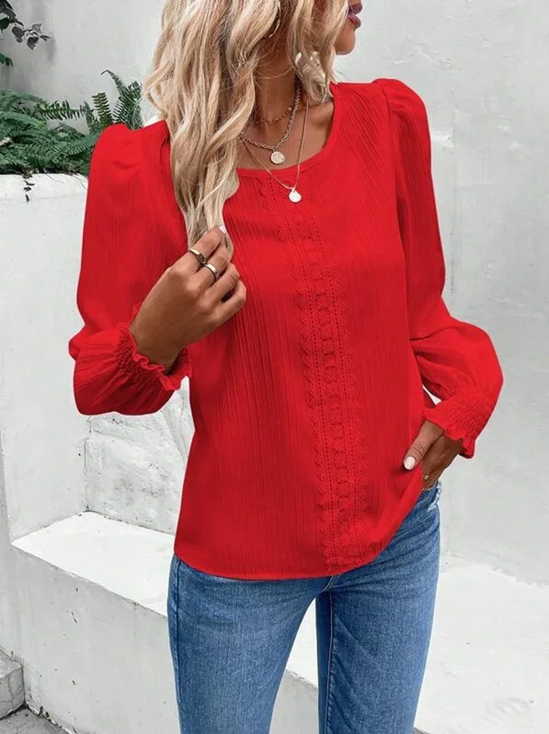 Women Middle Lace Decoration Shirt Elegant Pleated Lantern Sleeve O Neck Pullover Blouse Spring Autumn Daily Casual Female Tops