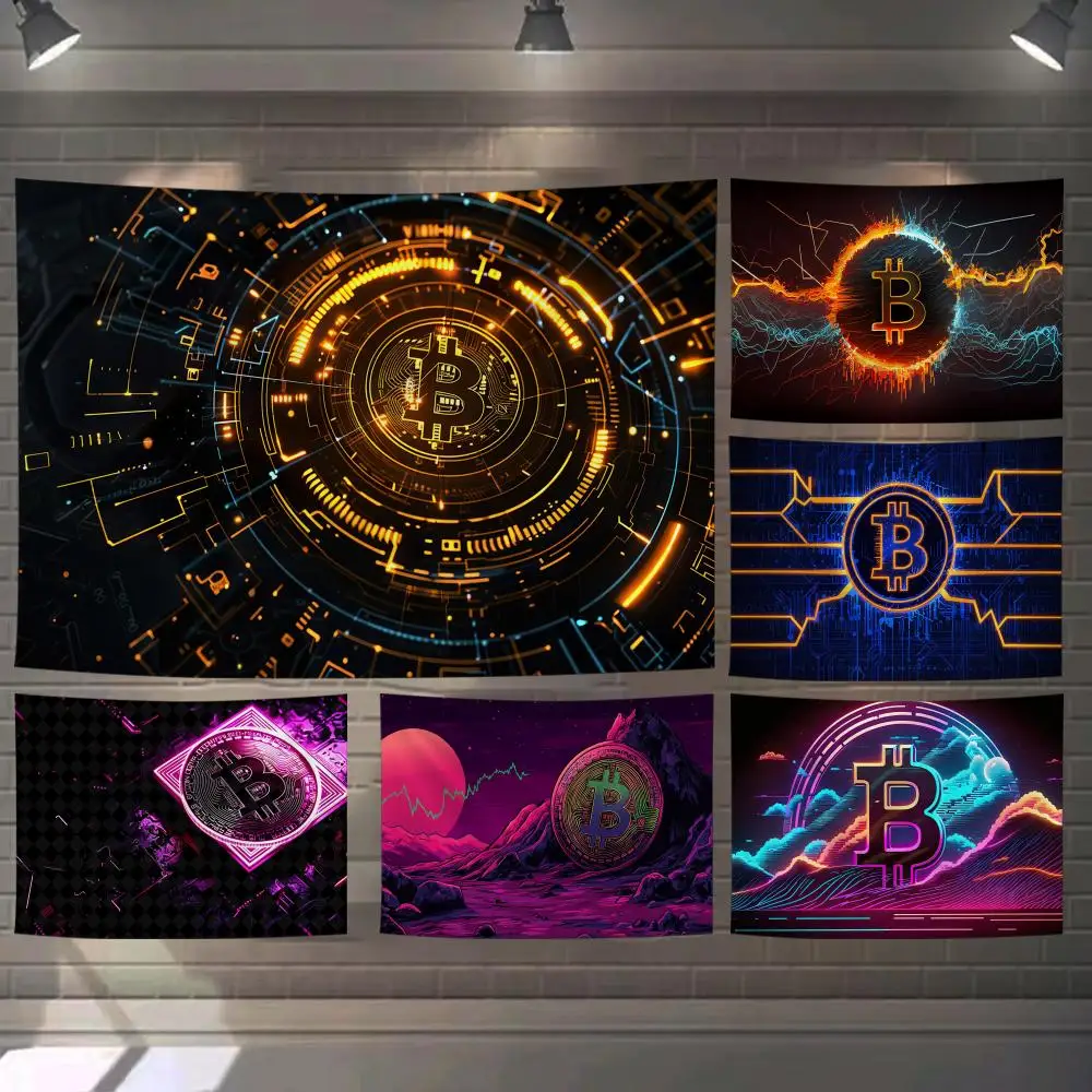 Golden Bitcoin Art Tapestry Custom Living Bedroom Party Dormitory Interior Wall Bohemian Decoration Attached Clip