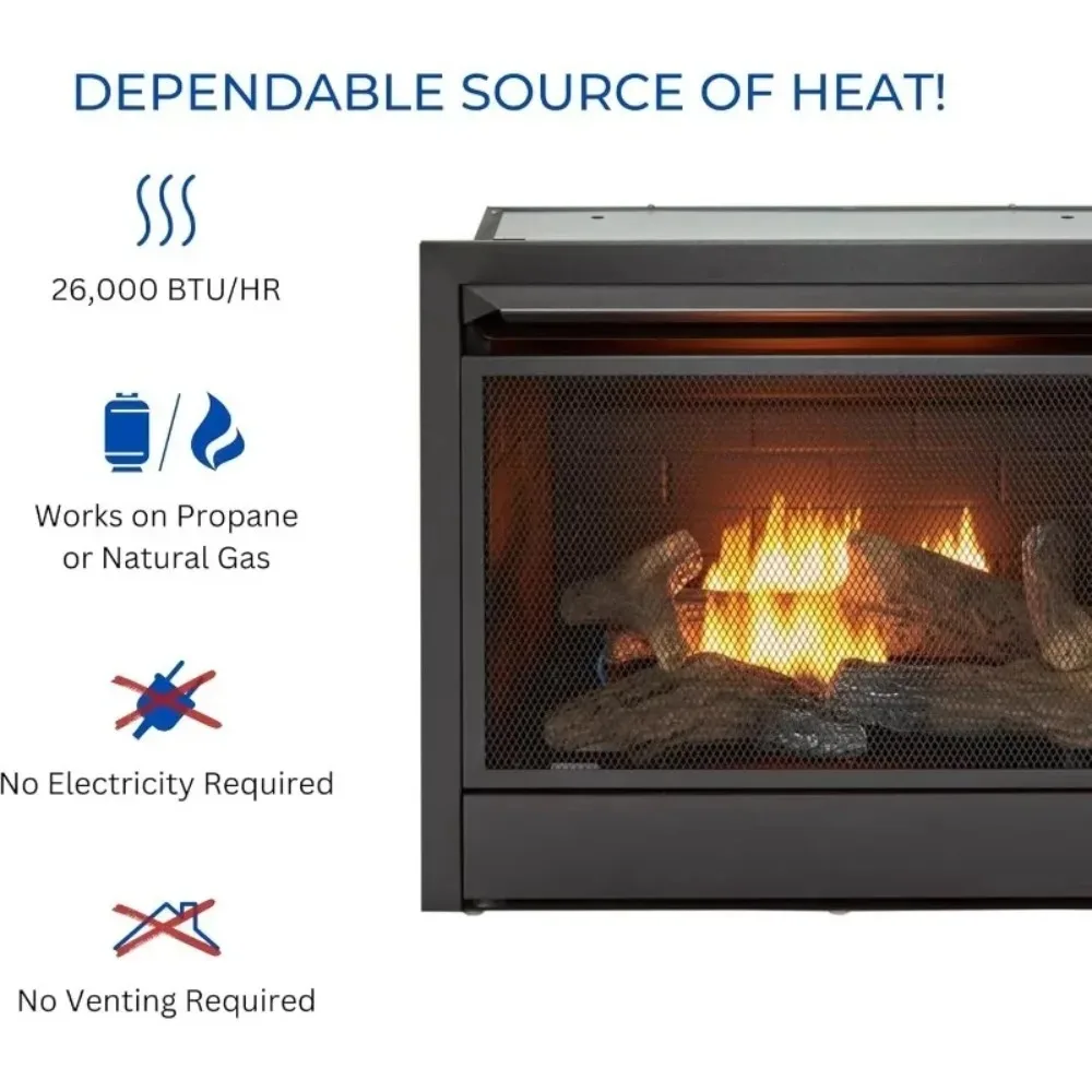 مدفأة غاز مزدوجة الوقود بدون فتحات بقدرة 26,000 وحدة حرارية بريطانية مع جهاز تحكم عن بعد، تسخين 1350 قدم مربع، أسود