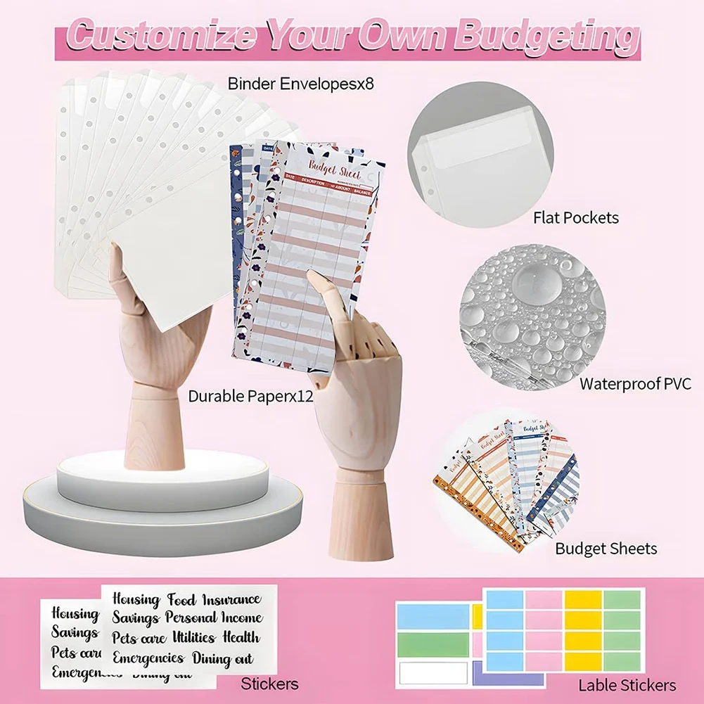 Pengikat anggaran dengan amplop uang tunai untuk anggaran, A6 menghemat saku Binder, pengeluaran lembaran anggaran, untuk sistem amplop uang tunai D