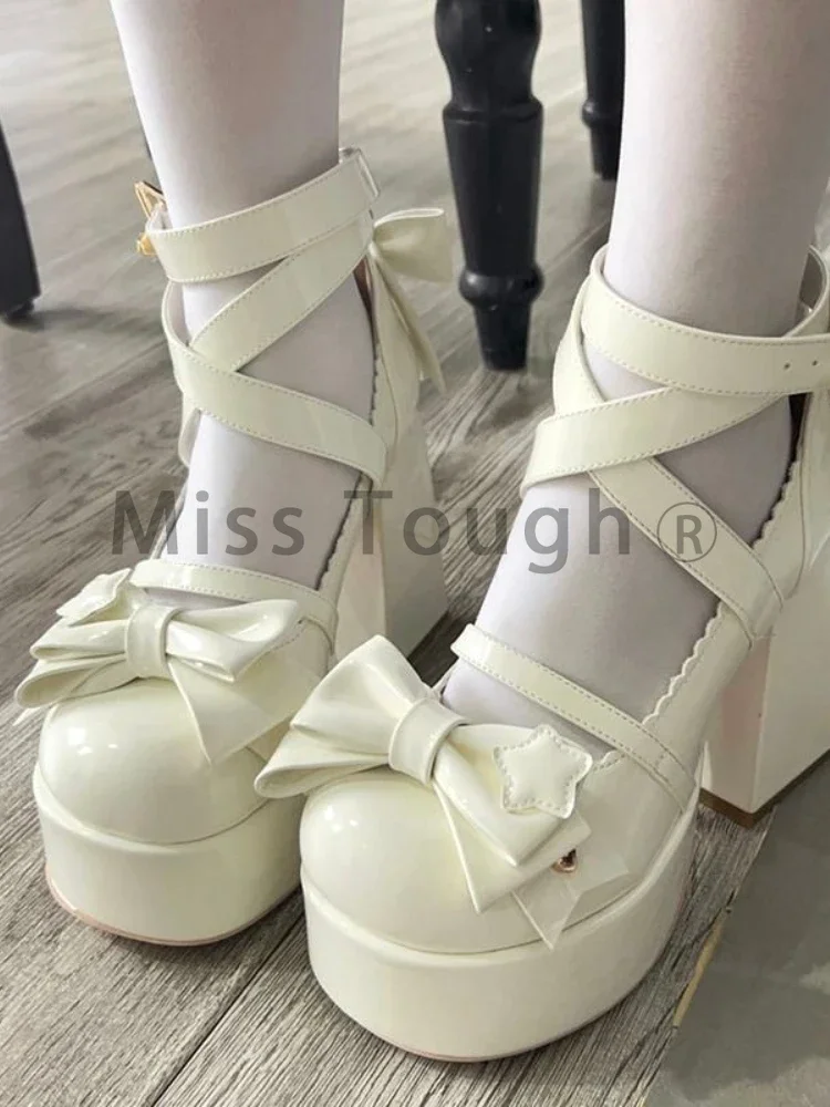 Słodkie Vintage Mary Janes Shoes Women Star Buckle Lolita Kawaii Platform Shoes Female Bow-knot Cute Designer Shoes 2023, Summer