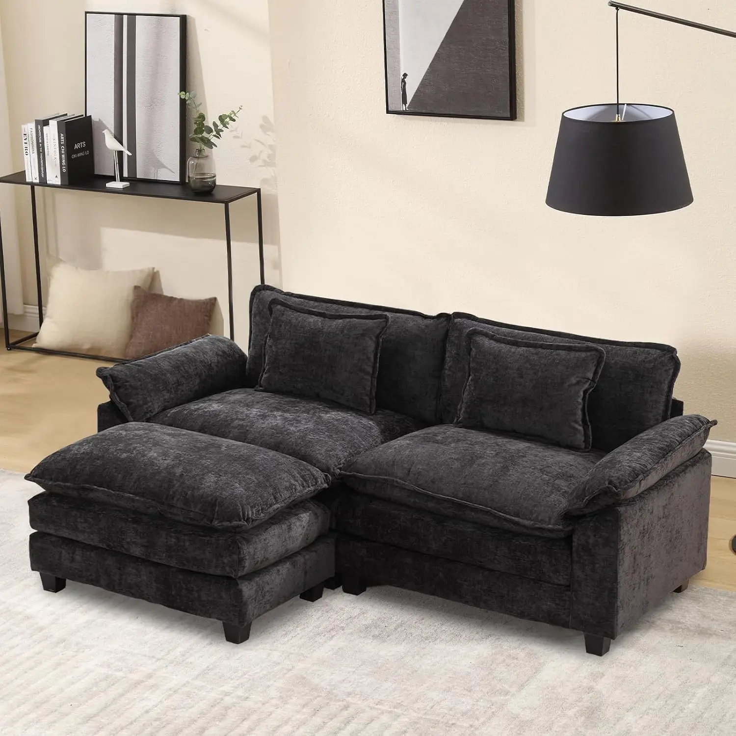 Modular L Shaped Sectional Sofa With Movable Ottoman, Chenille Deep Seat Couch With 2 Pillows, Black 2-Seat, Customized