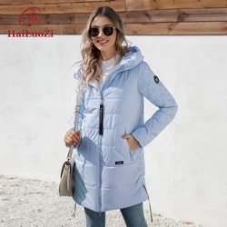 Hailuozi 2023 nova primavera casaco feminino meados de longo fino algodão parkas slant bolsos com capuz zíper estilo jaqueta feminina 7063