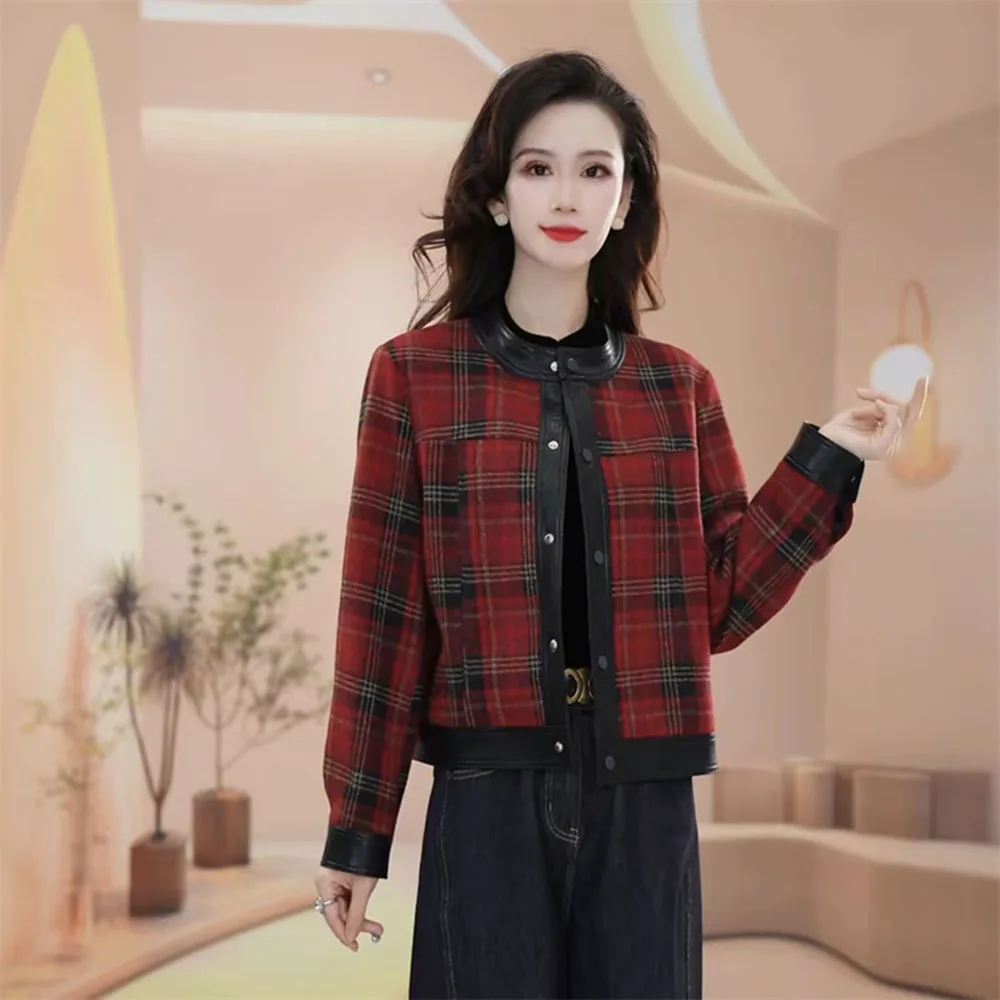 Women's Coat Small Fragrant Style 2026 Spring Autumn New Loose Versatile Jackets Top Round Neck Patchwork Checkered Jacket
