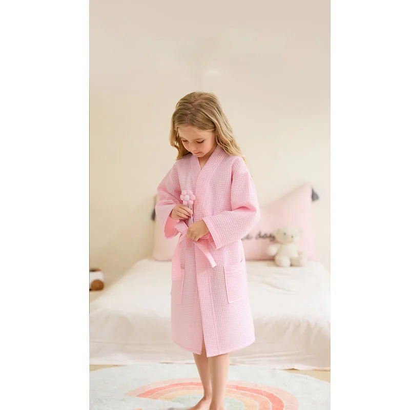 Cotton Waffle Kids Bathrobe - A Class 2025 S/S Soft Absorbent Non-Shedding Belted Homewear After Bath & Sleepwear for 3-10Y