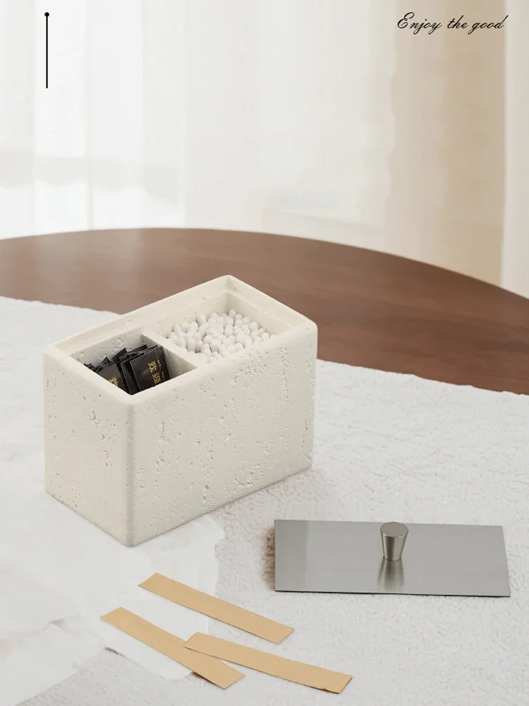 Retro Double Compartment Natural Marble Cotton Swab Storage Box, Household Toothpick Organizer, Living Room Desktop Organizer