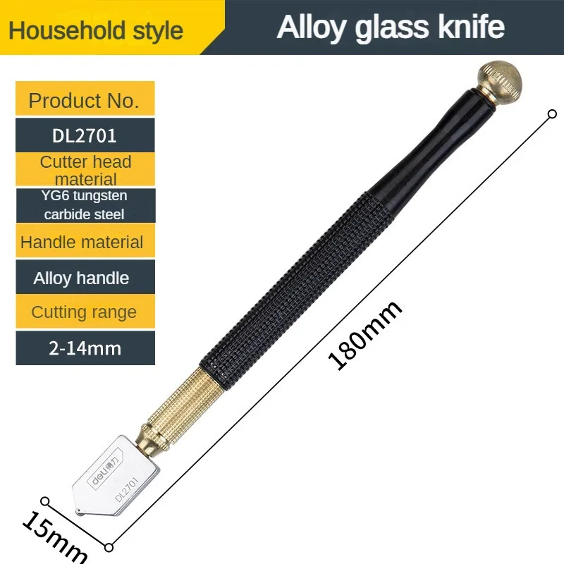 Deli Glass Cutter Diamond Tip Steel Blade Cutting Tool Oil Feed Glass Cutter Antislip Metal Handle 180mm For Glass Cutting