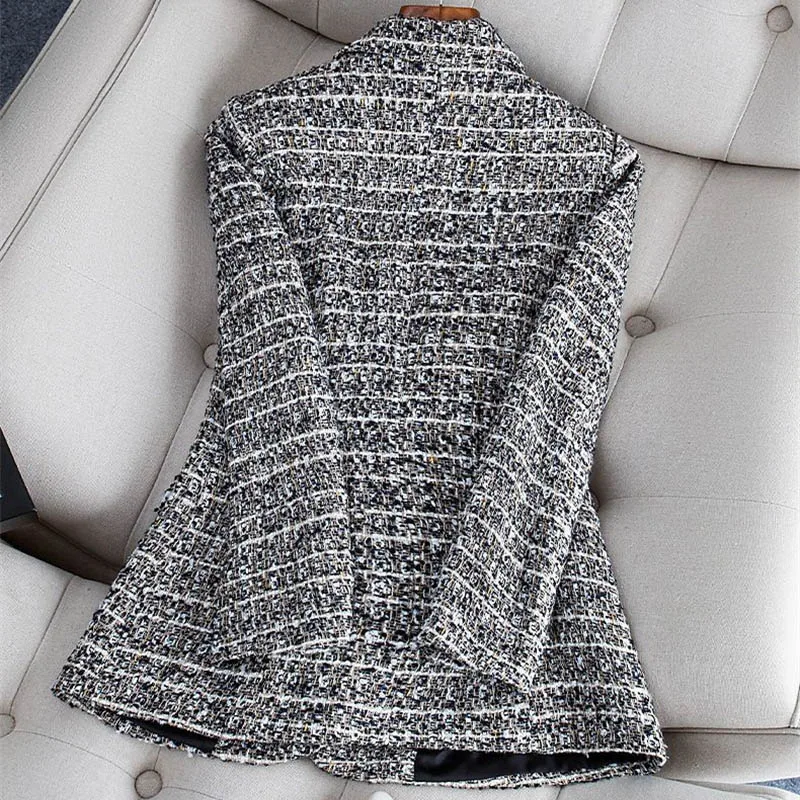 Spring Autumn Women Jacket Double-Breasted Lattice Tweed Woolen Coats 2024 Female Casual Thick Blazers Outerwear Ladies Suit 3XL