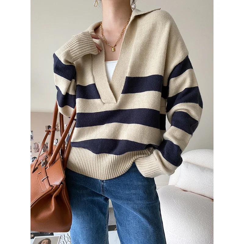 Polo 'S V-Hals Gestreepte Gebreide Trui Dames 2023 Herfst Winter Losse Oversized Trui Trui Beige Marineblauw Gestreepte Tops