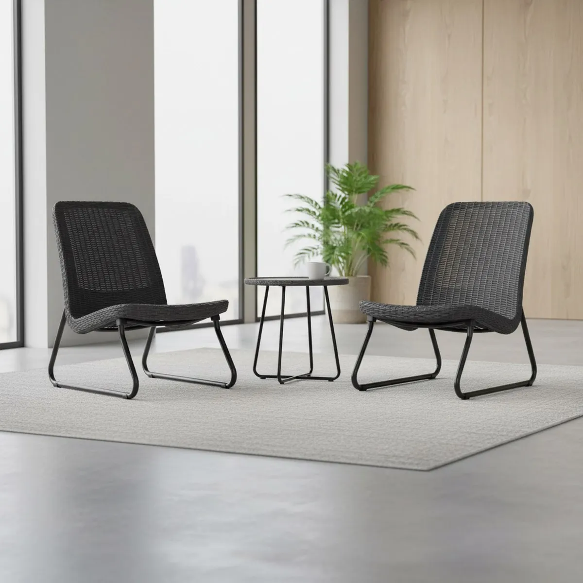 Outdoor Wicker Patio Furniture Set 3 Piece with Side Table Dark Grey Resin Porch Backyard Decor