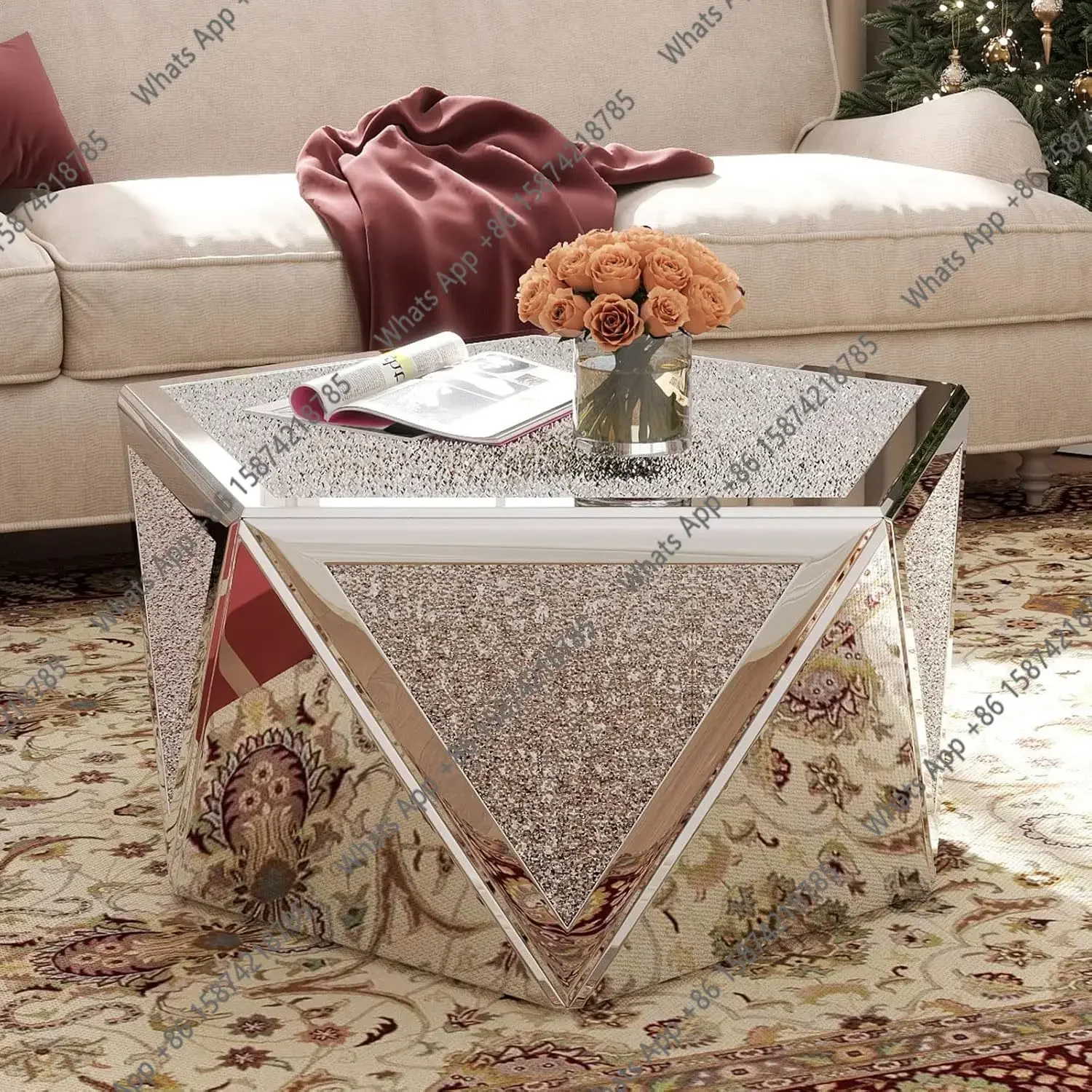 BJ X J Silver Coffee Tables For Living Room With Crushed Diamond Inlay, Mirrored Pentagonal Coffee Table With Luxury, Customized
