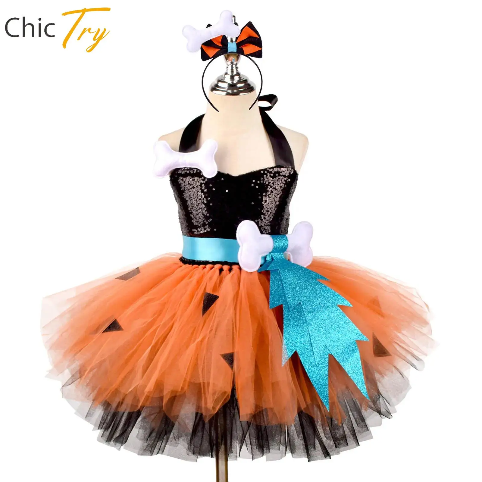 

Halloween Carnival Cave Cosplay Costumes for Teen Girls Cavegirl Sequins Dress+Halter Neck 3D Bone Puffy Skirt+Headwear Outfits