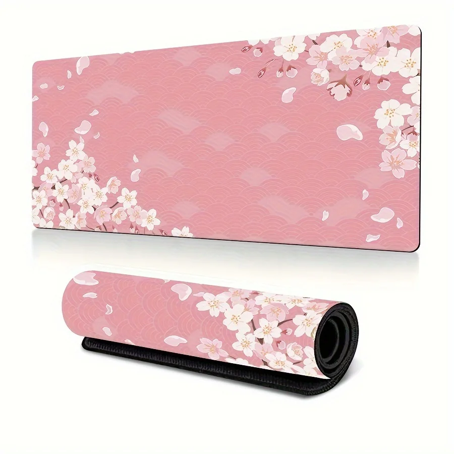 XXL Oversized cherry blossom black mouse pad thickened non-slip rubber pink and white floral pattern keyboard mat desk decor rug