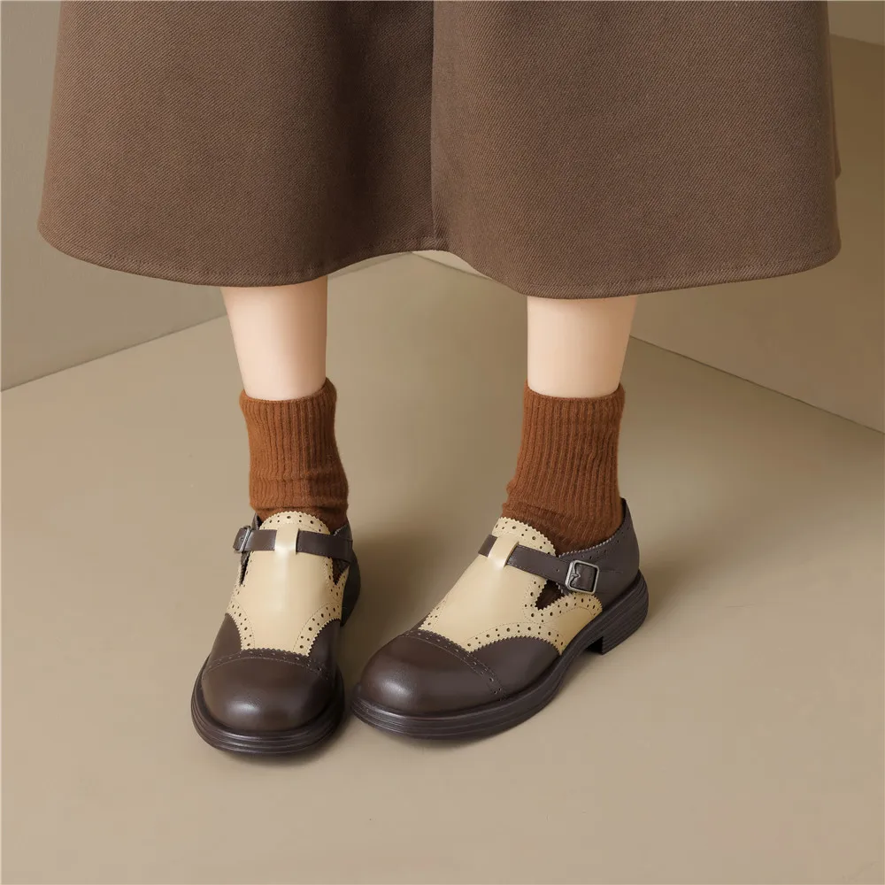 MILI-MIYA Women's Classic Round-Toe Cow Leather High-Heel Shoes With Colour-Blocked Upper And Chunky Heel Casual Pumps Handmade