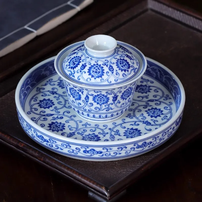 

Jingdezhen Hand Painted Blue and White Interlock Branch Baoxiang Tureen Horse Hoof-Shaped Cup Antique Handmade High-Grade