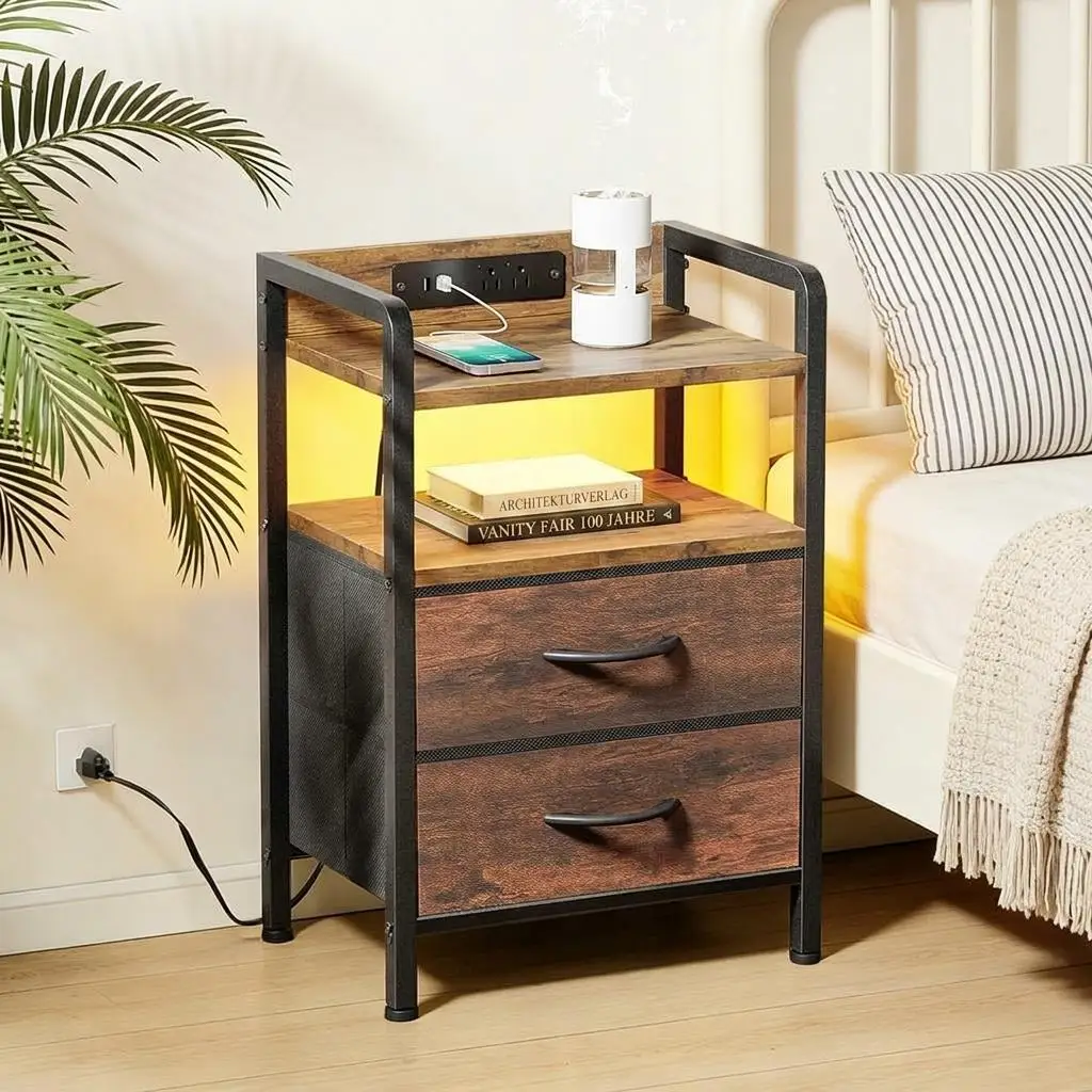 Mesita de noche HiMiss con 2 cajones de tela y estante abierto, mesa auxiliar con estructura de metal y tablero de MDF, mesa auxiliar para dormitorio, sala de estar